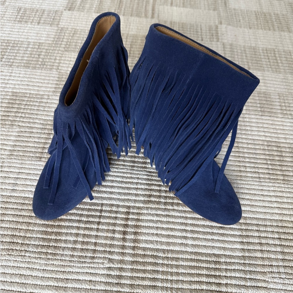 Koolburra Blue Suede Fringe Wedge booties size 7.5 - like new